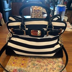 Michael Kors Black and White Striped Satchel